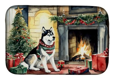 Siberian Husky Cozy Christmas Dish Drying Mat Absorbent Dish Drying Mat Pad for Kitchen Counter Dish Drainer Mat for Countertop, 14 x 21", Multicolor